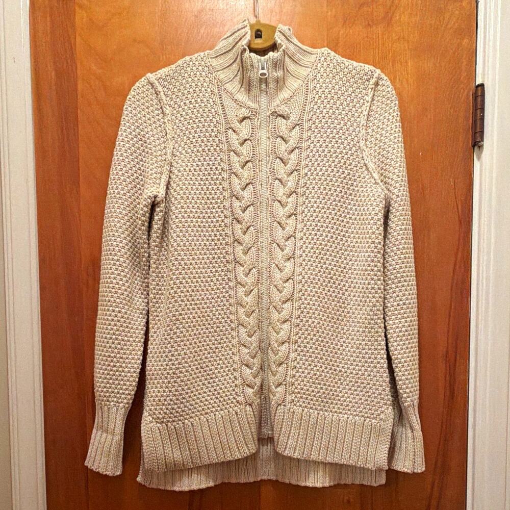 Vintage Cable Fisherman Sweater Woman PM Cream Zip Mock Cardigan Preppy Classic